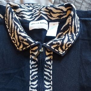 Alfred Dunner Embelished Animal Patterned Black and Tan Zip Front Sweater